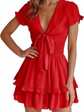 Women’s Red Tie-Front Mini Dress with Ruffle Skirt